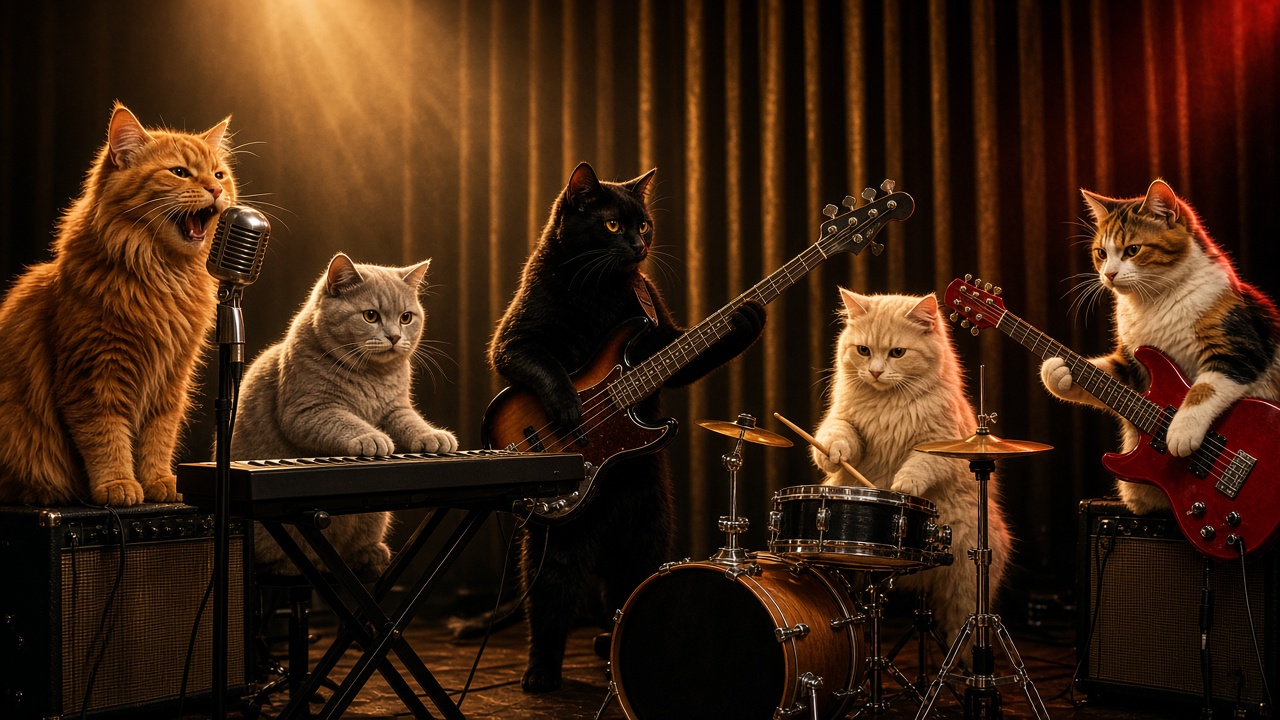 The Comments Band on stage: Verbatim singing, Pinned on keys, Reply on bass, Heart on drums, and Thread on guitar.