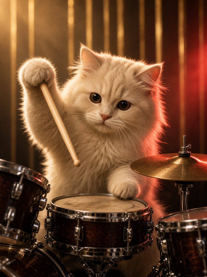 Heart, a cream cat, playing drums.
