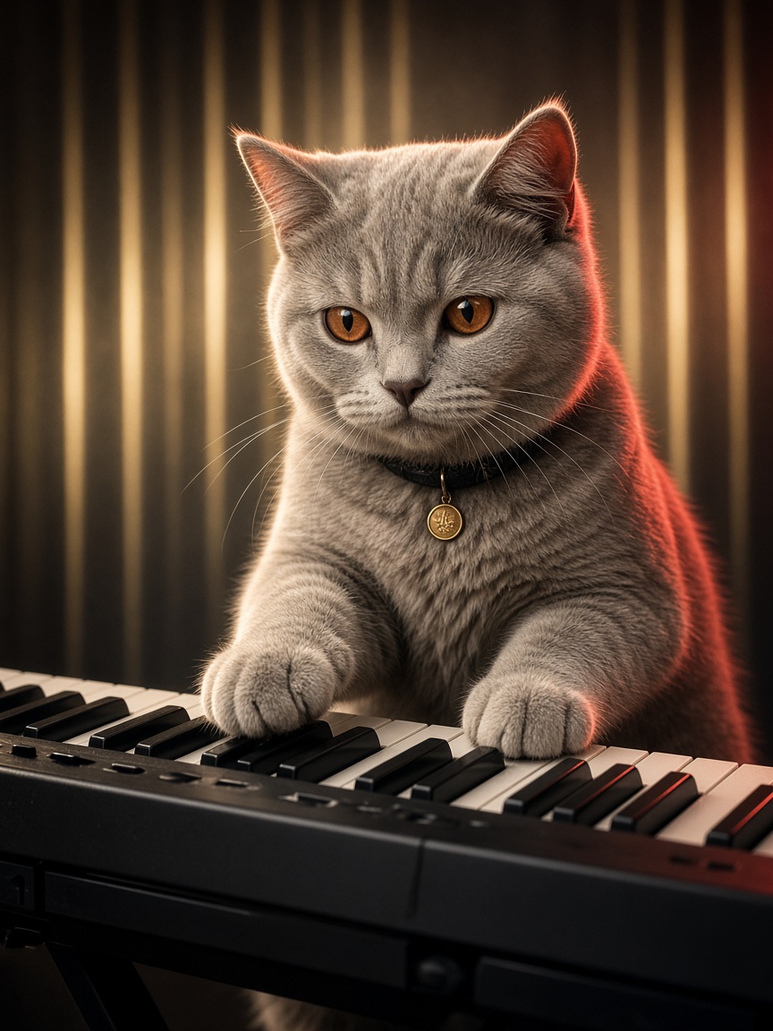 Pinned, a silver cat, playing a keyboard.
