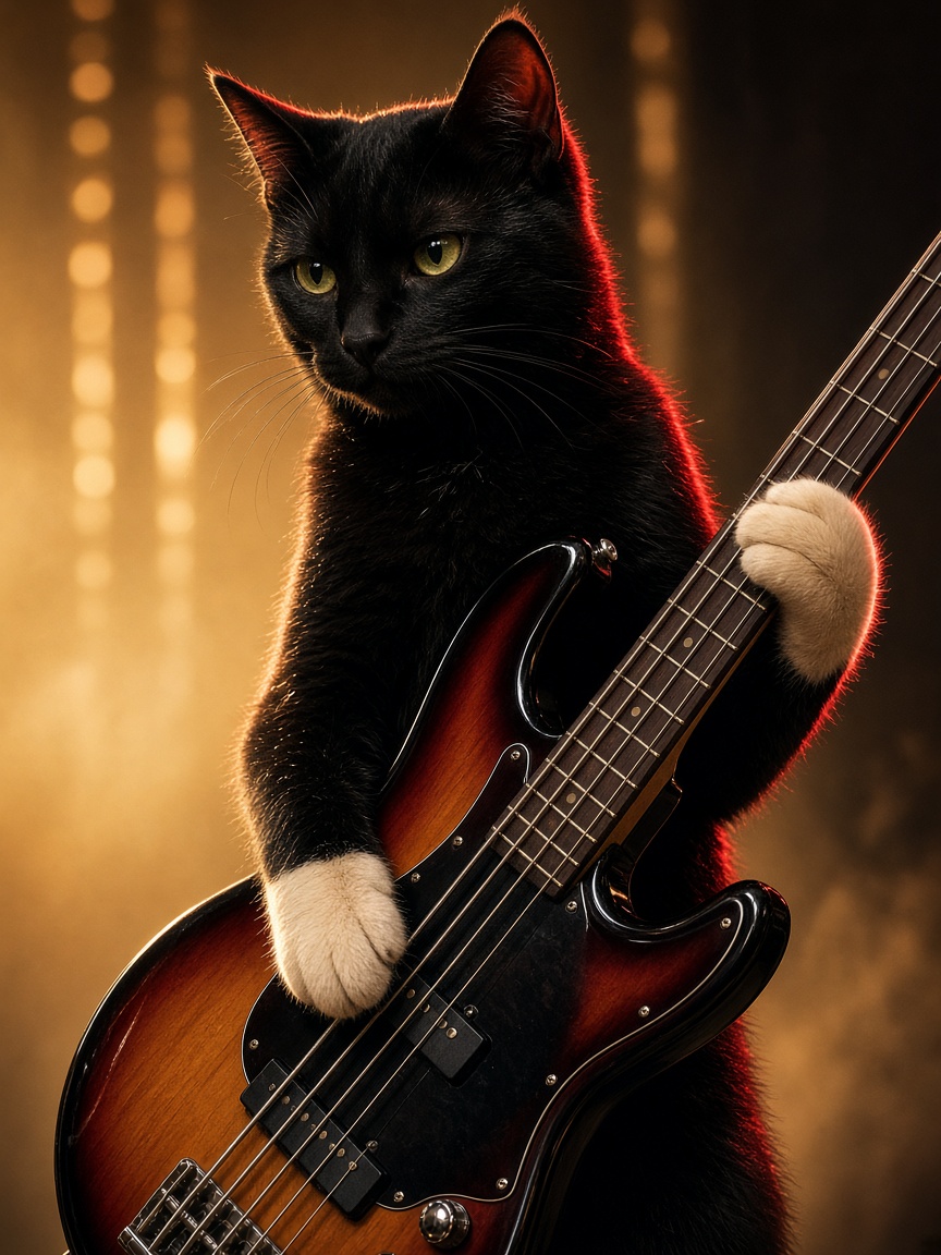 Reply, a black cat, playing bass.