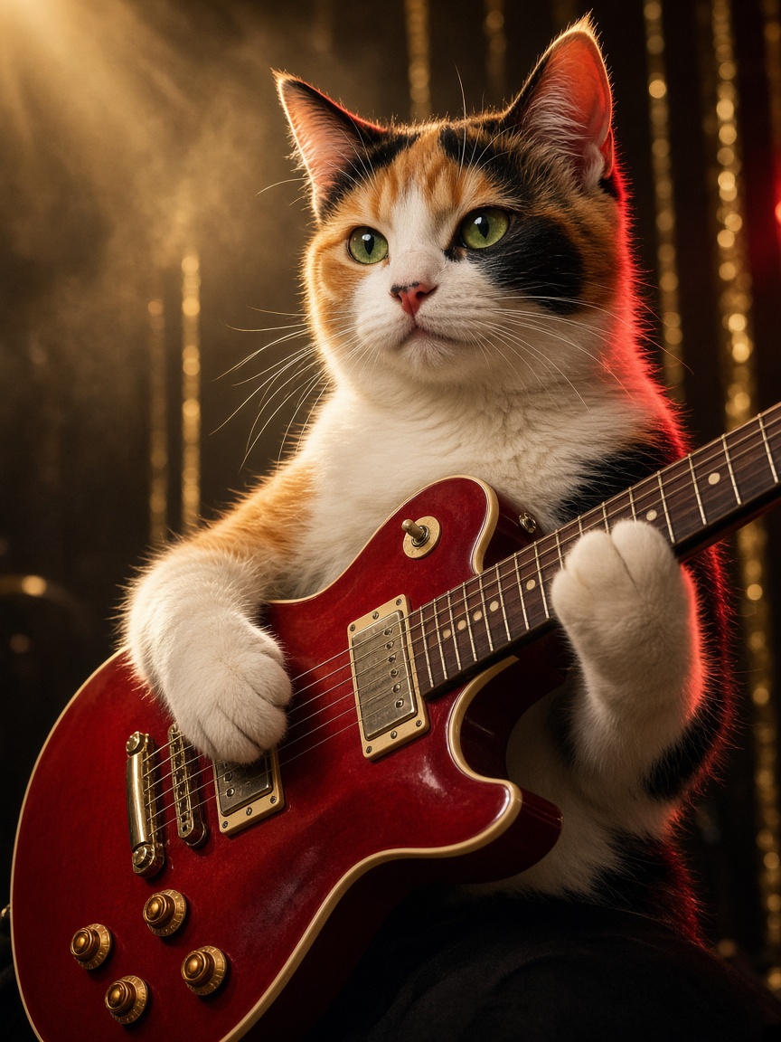 Thread, a calico cat, playing a red electric guitar.