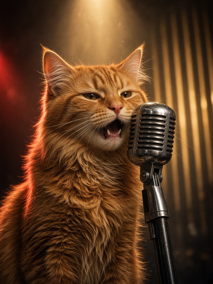 Verbatim, a rust-orange cat, singing into a microphone.